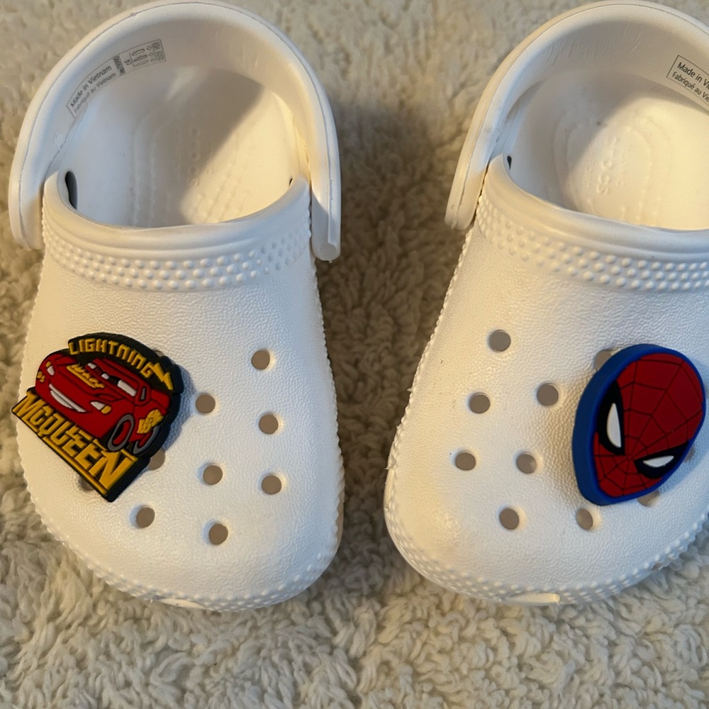 Kids White Clogs with Lightning McQueen and Spider-Man Charms